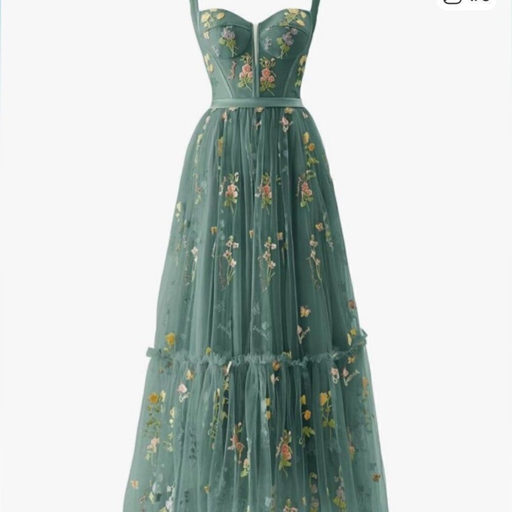 Corset Floral Embroidered Green Ruched Layered Tulle Flower  Midi Prom Dress - Picture 5 of 13